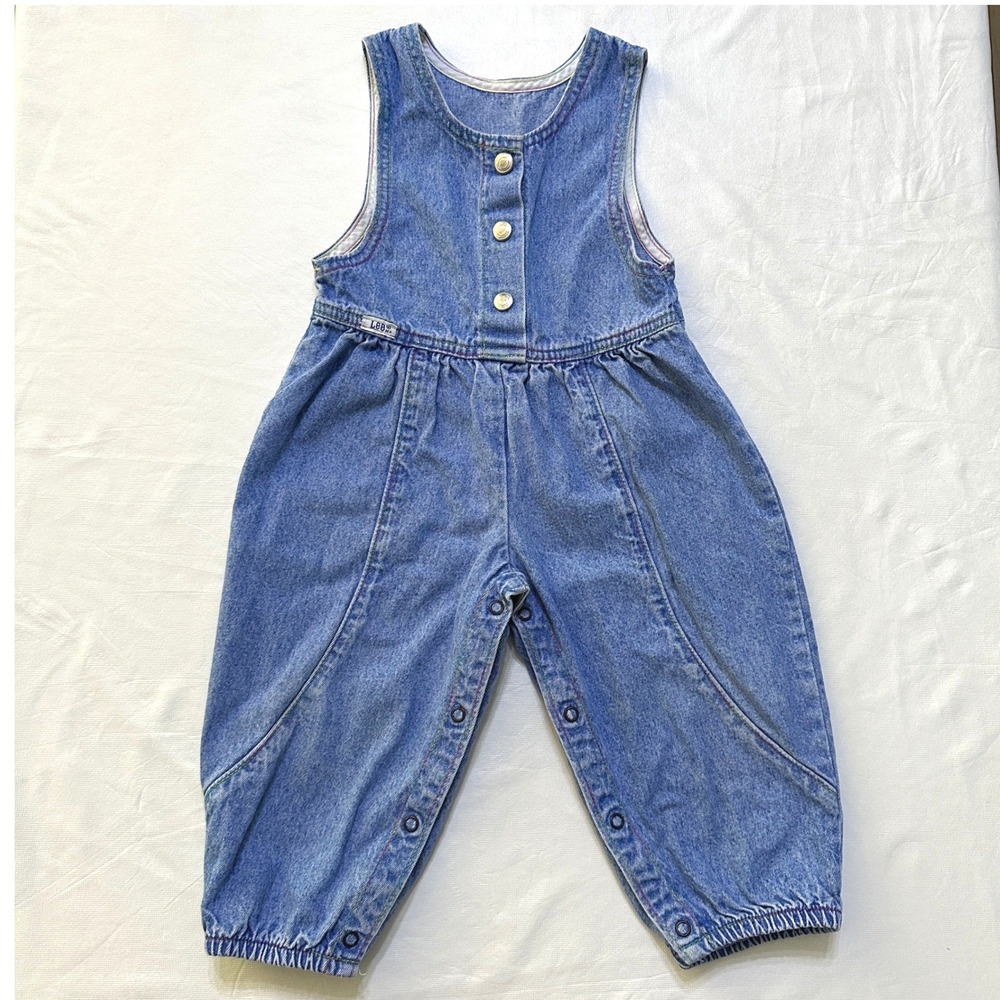 Vintage Lee Baby Denim Bib 2T One Piece Romper Rainbow Stitch Americana Retro 90